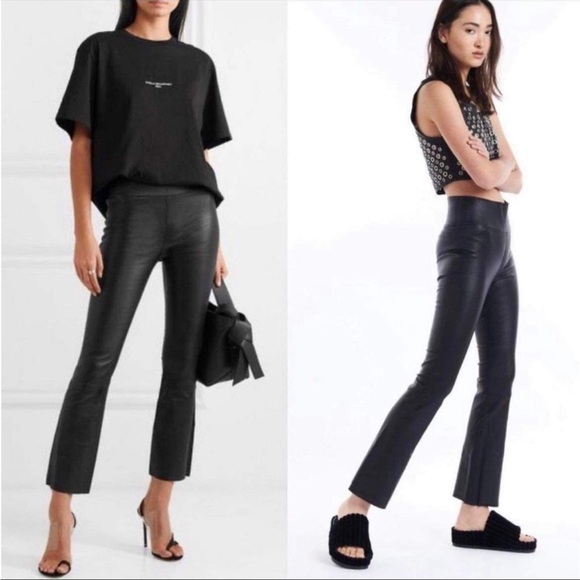 Sprwmn S Ankle Flare Leggings 100% Lamb Leather Cropped Pants Black